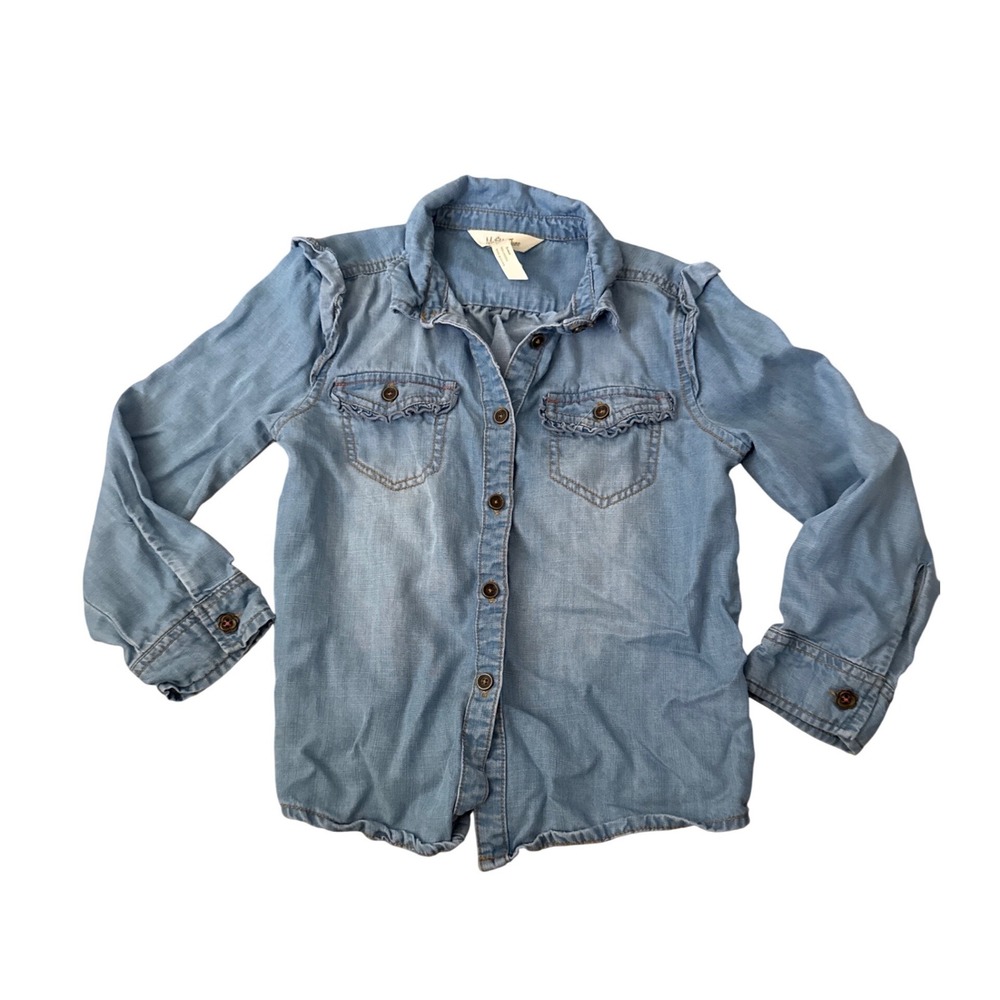Matilda Jane‎ Girls Chambray Button Up Shirt Ruffle Pockets Long Sleeve Size 6